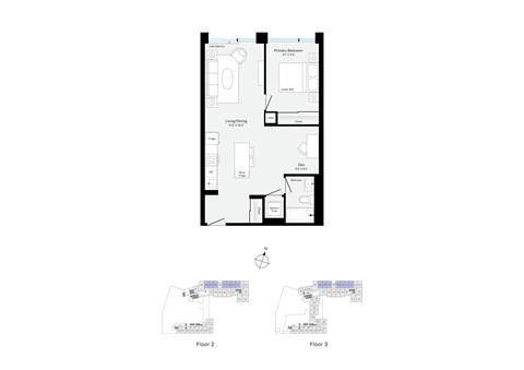 Floor plan for 1 bed, 1 bath, 656 sqft